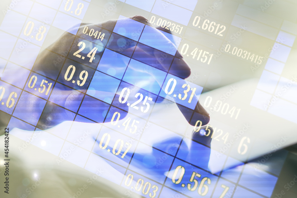 Poster double exposure of abstract creative statistics data hologram with finger clicks on a digital tablet
