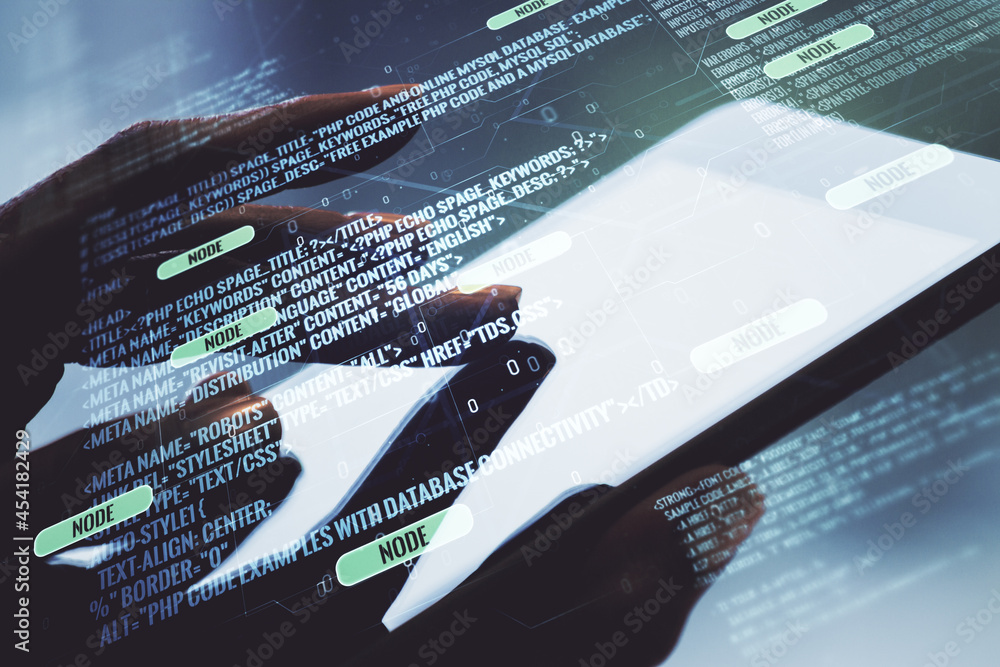 Poster multi exposure of abstract software development hologram and finger presses on a digital tablet on b