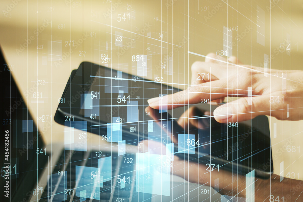 Poster double exposure of abstract creative statistics data hologram with finger clicks on a digital tablet