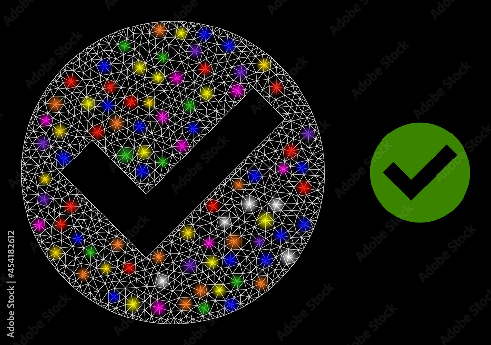 Poster glowing mesh yes mark glare icon with light spots. illuminated vector constellation is created from 