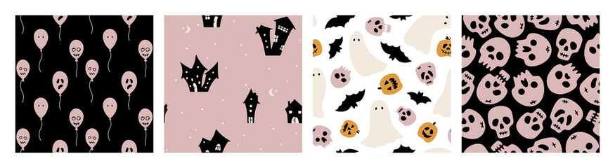 Hand drawn collection of Halloween vector seamless patterns. Ghosts, skulls, bats, pumpkins, candies. Trendy and spooky repeatable background for Halloween and autumn holidays. Flat festive graphics