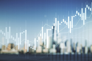 Double exposure of virtual creative financial diagram on blurry office buildings background, banking and accounting concept