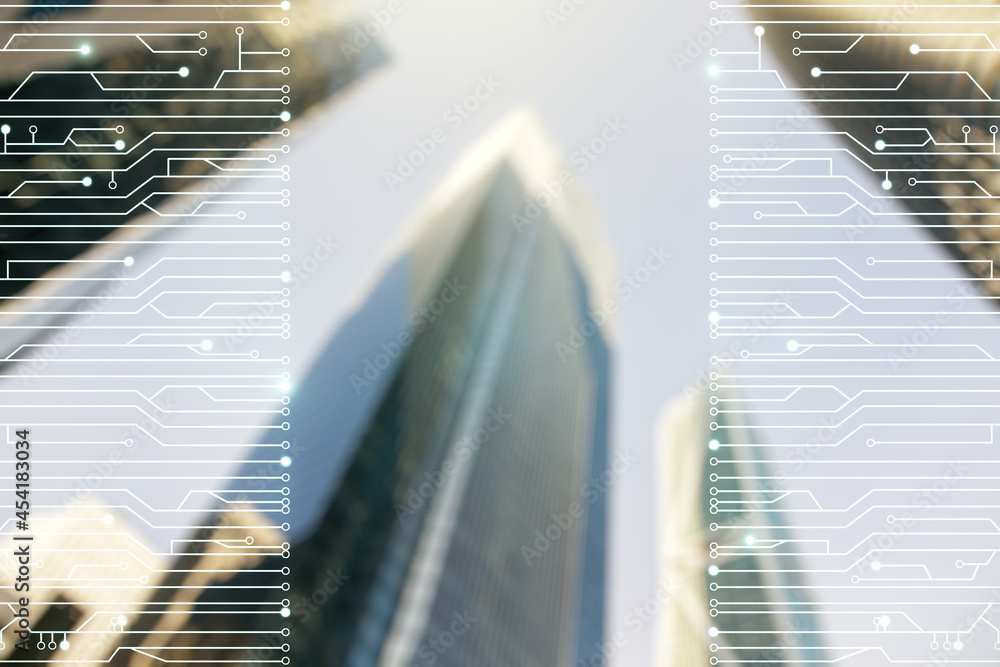 Poster abstract virtual micro chip hologram on modern architecture background, artificial intelligence and 