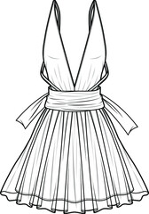 Plunge neck skater dress flat sketch vector illustration
