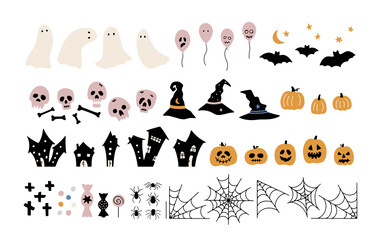 Hand drawn vector collection of Halloween traditional elements isolated on white. Ghosts, skulls, bones, balloons, pumpkins, spiders, bats, candies. Cute illustrations for Halloween party and holidays
