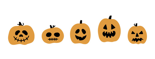 Hand drawn vector Halloween illustration with pumpkins with various faces isolated on white background. Cute and funny vector characters for Halloween party and autumn holidays. Flat cartoon elements
