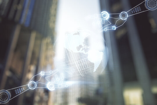Abstract virtual robotics technology hologram with globe sketch on office buildings background. Robot development and automation concept. Multiexposure