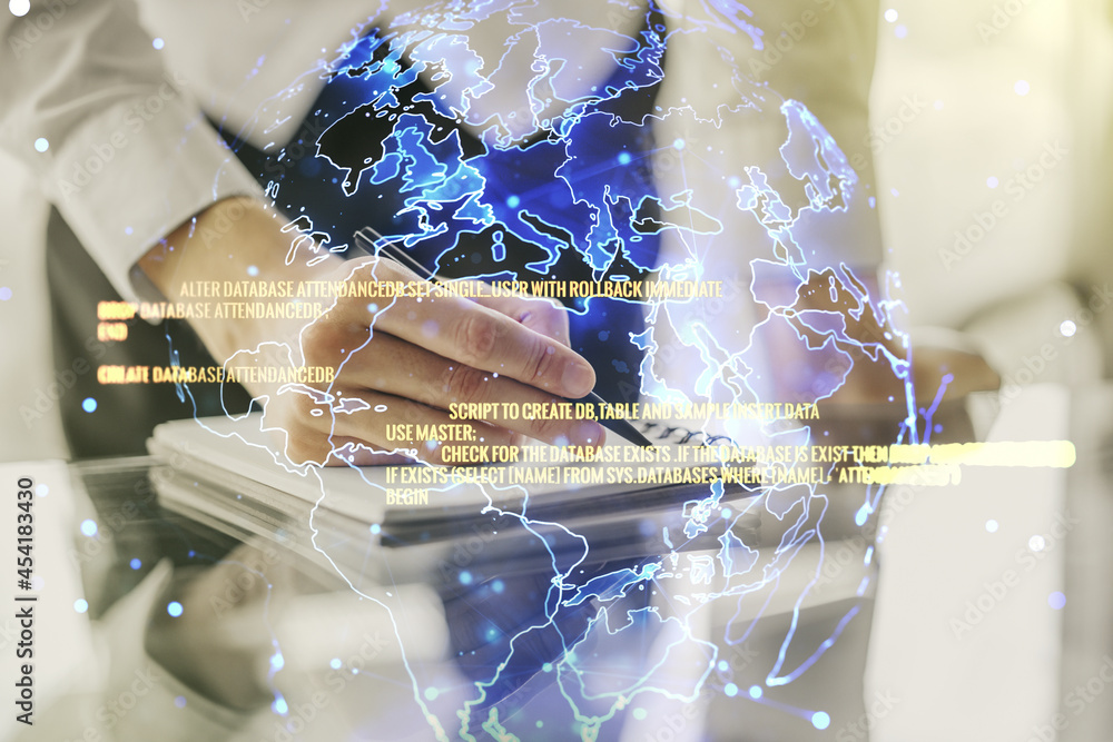 Poster double exposure of abstract creative programming illustration with world map and man hand writing in