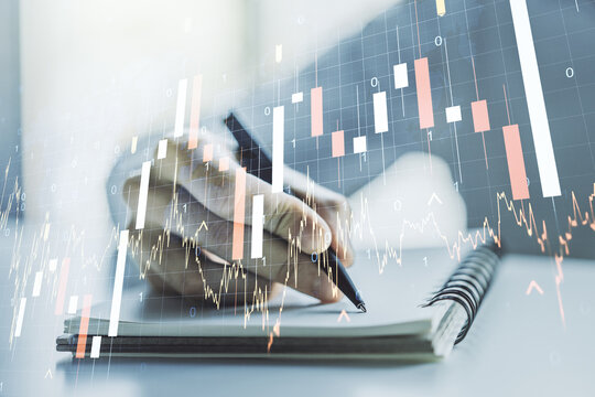 Abstract creative financial graph with world map and with man hand writing in diary on background, financial and trading concept. Multiexposure - Powered by Adobe
