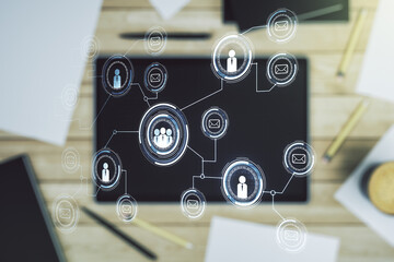 Social network concept and modern digital tablet on background, top view. Multiexposure