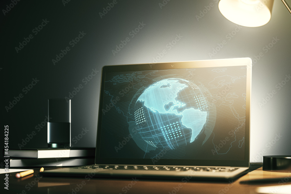 Poster Modern computer monitor with America map, research and strategy concept. 3D Rendering