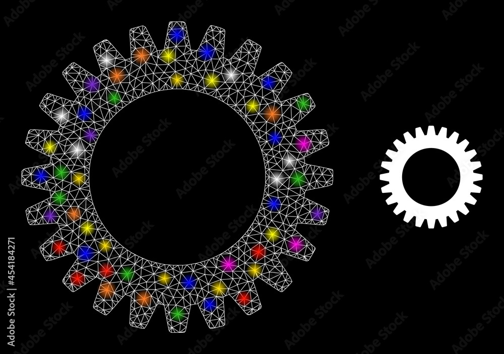 Poster bright mesh cogwheel constellation icon with light spots. illuminated vector model based on cogwheel