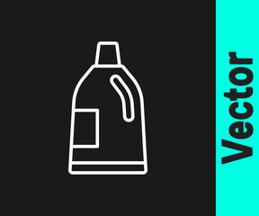 White line Plastic bottle for laundry detergent, bleach, dishwashing liquid or another cleaning agent icon isolated on black background. Vector