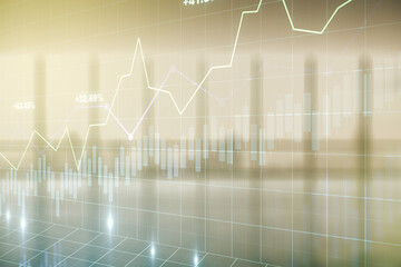 Multi exposure of virtual creative financial chart hologram on empty modern office background, research and analytics concept