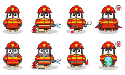 Fototapeta premium Vector illustration of Penguin firefighters set. Fire fighter profession with flat design style. Good for icon, label, sticker, clipart.