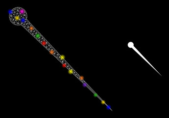 Flare mesh needle constellation icon with lightspots. Illuminated vector constellation based on needle icon. Sparkle frame mesh needle on a black background. Wire carcass 2D mesh in vector format.