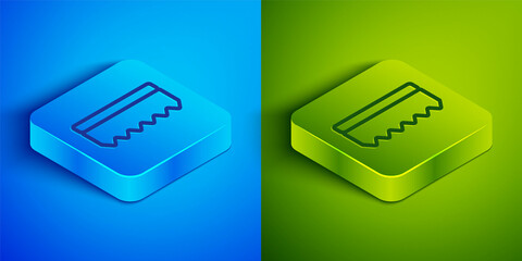 Isometric line Sponge icon isolated on blue and green background. Wisp of bast for washing dishes. Cleaning service logo. Square button. Vector