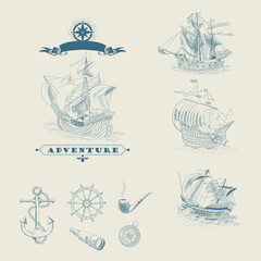 Vintage hand-drawn sailboats, sunken ships, map, wind rose, anchor, steering wheel, compass. Attributes of maritime navigation
