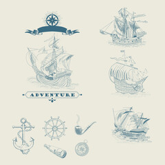 Obraz premium Vintage hand-drawn sailboats, sunken ships, map, wind rose, anchor, steering wheel, compass. Attributes of maritime navigation