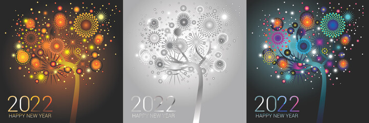 Happy New Year 2022 with colorful fireworks design on a teal silver and orange color schemes