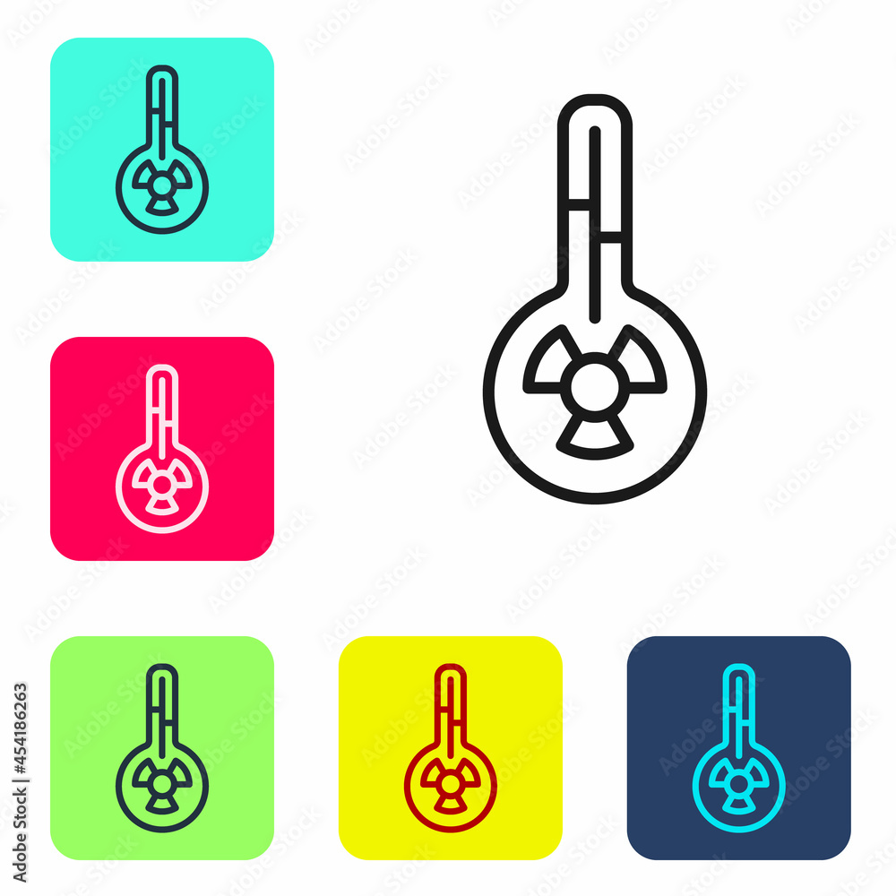 Poster black line meteorology thermometer measuring heat and cold icon isolated on white background. thermo