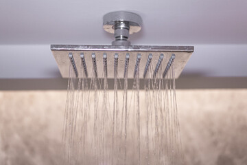 Shower turned on, overhead ceiling shower with flowing water faucet head closeup.