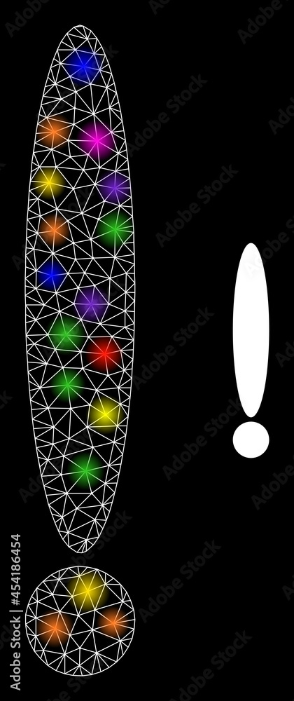 Poster glossy net exclamation sign glare icon with lightspots. illuminated vector model is created from exc