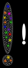 Glossy net exclamation sign glare icon with lightspots. Illuminated vector model is created from exclamation sign icon. Sparkle carcass mesh exclamation sign on a black background.