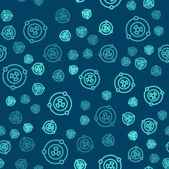 Green line Radioactive icon isolated seamless pattern on blue background. Radioactive toxic symbol. Radiation hazard sign. Vector
