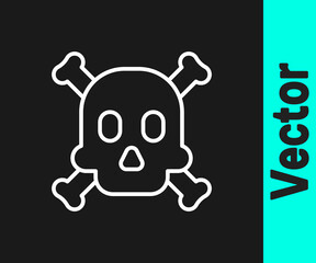 White line Bones and skull as a sign of toxicity warning icon isolated on black background. Vector