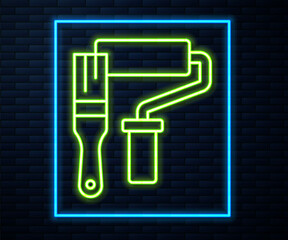 Glowing neon line Paint roller brush icon isolated on brick wall background. Vector