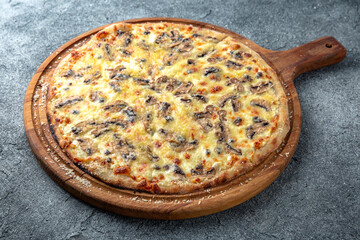 Tasty hot italian pizza with mushrooms and cheese. Pizzeria menu. Concept poster for Restaurants or pizzerias. 