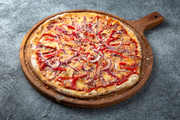 Tasty hot italian pizza with bacon, sweet pepper and pickled onions. Pizzeria menu. Concept poster for Restaurants or pizzerias. Top view