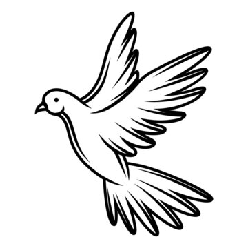 Illustration of flying dove. Black and white stylized picture.