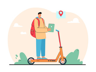 Cartoon man riding electric scooter to destination. Male character on personal transport flat vector illustration. Transportation, technology concept for banner, website design or landing web page