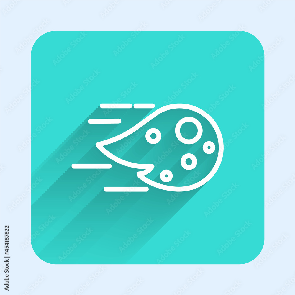 Poster white line fireball icon isolated with long shadow background. green square button. vector