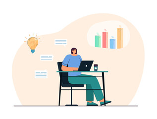 Businesswoman analyzing social media statistics on laptop. Creative woman posting content online flat vector illustration. Technology, data analysis, marketing concept for banner or landing web page