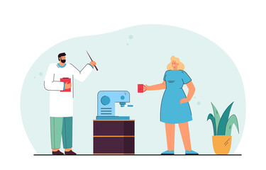Male doctor and female nurse standing next to coffee machine. Man and woman in uniform having break from work flat vector illustration. Medicine, coffee break concept for banner or landing web page