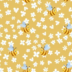 Fotobehang Seamless pattern with bees on color floral background. Small wasp. Vector illustration. Adorable cartoon character. Template design for invitation, cards, textile, fabric. Doodle style © Alla