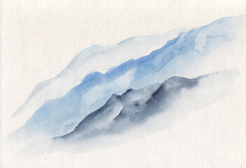 Fototapeta premium Watercolor landscape painting of blue vibrant mountain peaks. Peaceful tranquil hand drawn nature background for meditation, print, greeting card, calm mind concept. Original artwork on paper.
