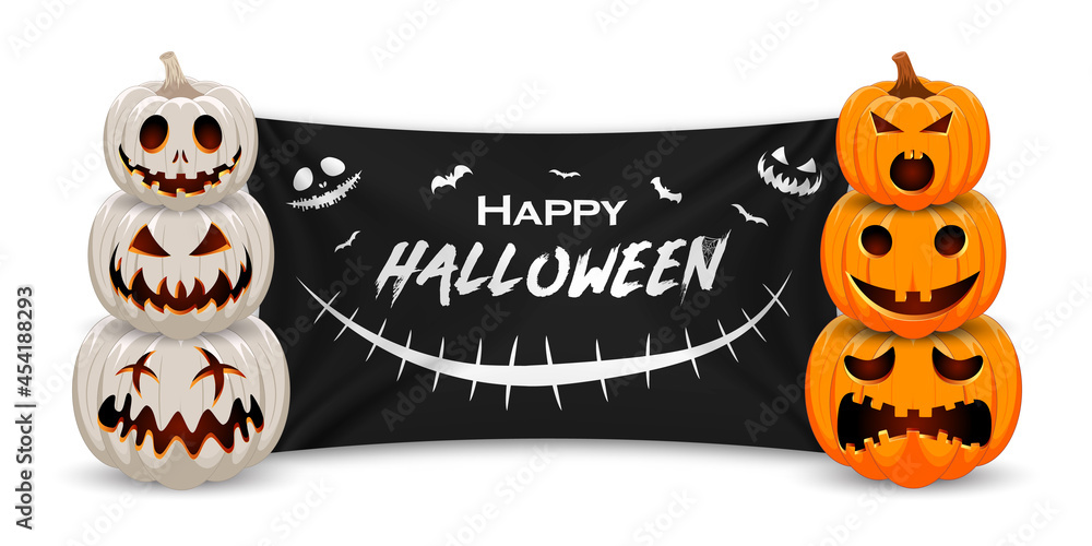 Poster happy halloween pumpkin with black flag. halloween sale promotion banner with white and orange pumpk