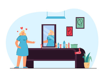 Female cartoon hairdresser looking in mirror. Woman with hairdressing equipment on table, hair salon interior flat vector illustration. Beauty services, fashion concept for banner or landing web page