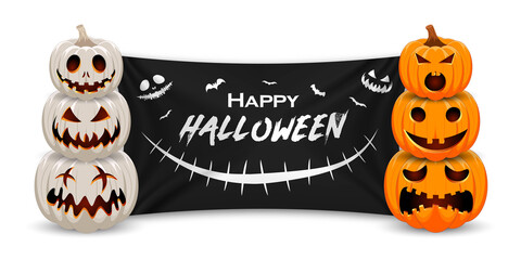 Happy Halloween Pumpkin with black flag. Halloween sale promotion banner with white and orange pumpkin.