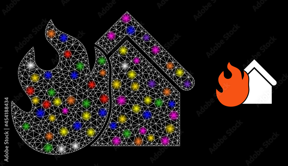 Poster flare mesh burning house glare icon with lightspots. illuminated vector constellation is created fro