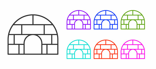 Black line Igloo ice house icon isolated on white background. Snow home, Eskimo dome-shaped hut winter shelter, made of blocks. Set icons colorful. Vector