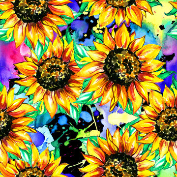 Watercolor sunflower background flower print. Seamless pattern.