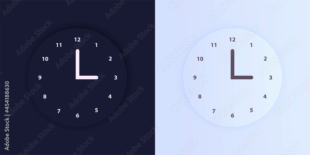 Poster clock application on light and dark background. concept of ui design, day and night variant.