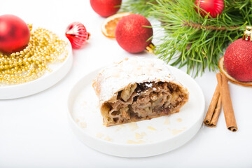 Fototapeta na wymiar New Year holiday apple pie, Christmas decorations
