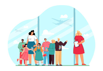 Fototapeta premium Female cartoon teacher with students in airport. Woman and children with plane tickets on school trip flat vector illustration. Education, traveling concept for banner, website design or landing page