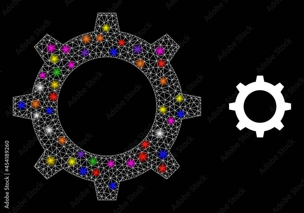 Poster flare mesh gear constellation icon with light spots. illuminated vector constellation based on gear 